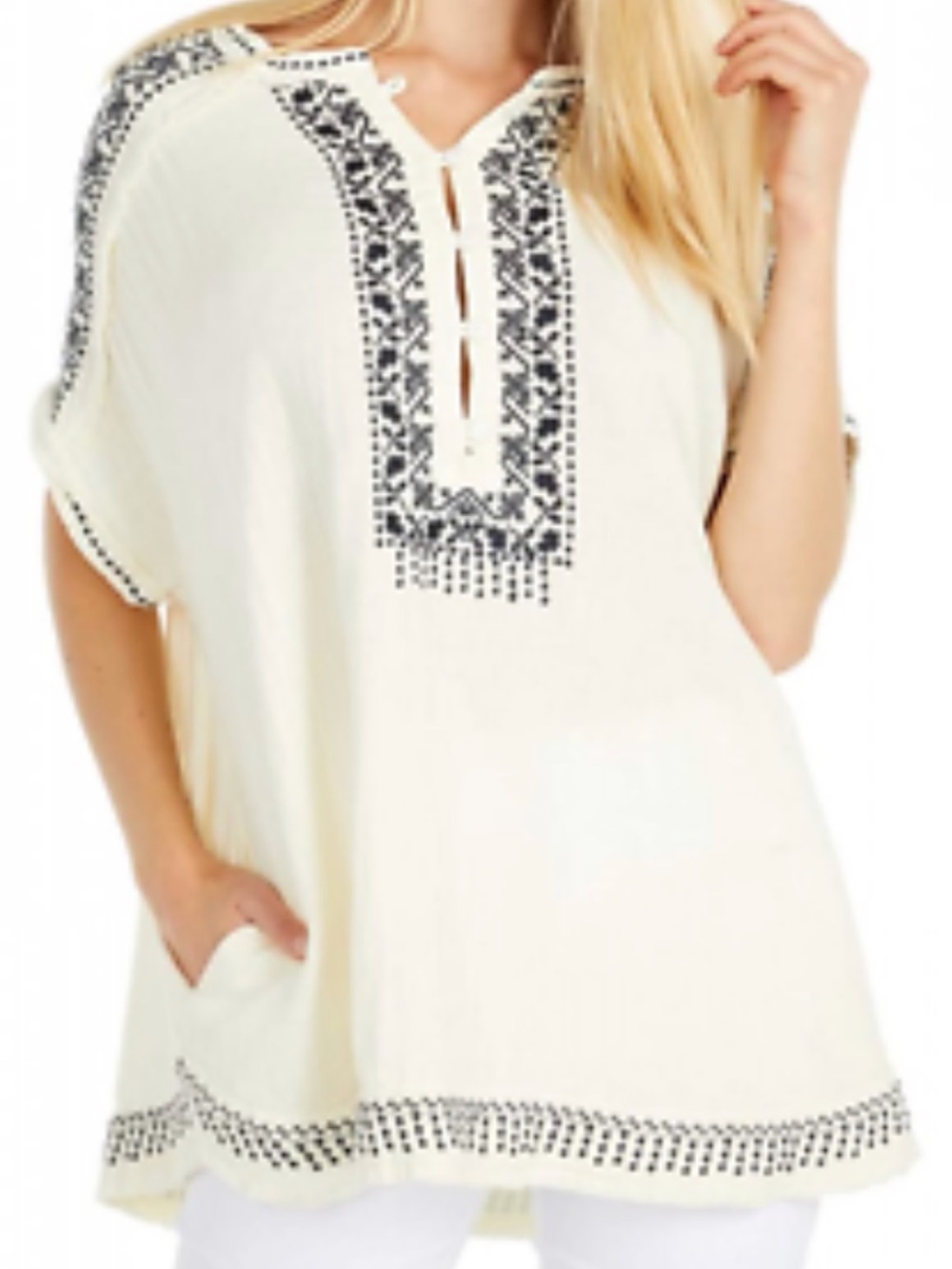 Johnny Was Cream Tunic Top with Black Embroidery